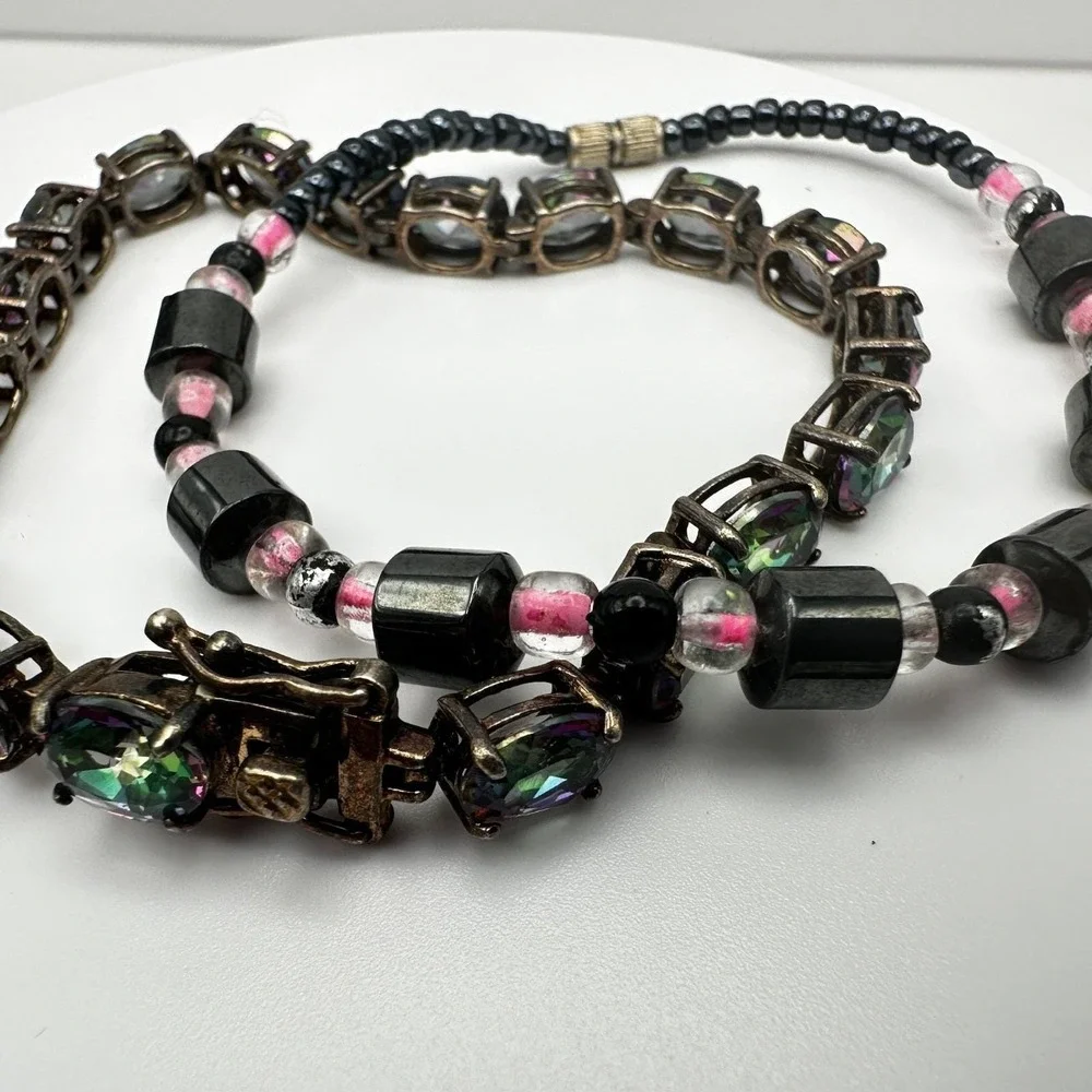Vintage 90's Black & Pink Hematite Magnetic‎ Necklace & Wrap Bracelet Set Retro